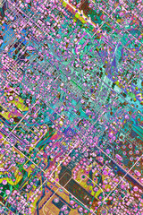 Microcircuit motherboard detail, abstract multicolored background.