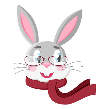 Cute smart cartoon rabbit wearing glasses with pink scarf. Vector cartoon rabbit illustration.