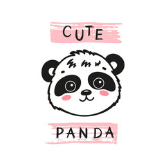 Cute Panda Face. Funny Panda Bear Head for Tee Print Design for Kids. Doodle Chinese or Bamboo Bear. Vector Cartoon Little Baby Animal. Scandinavian Card, Print or Poster Design
