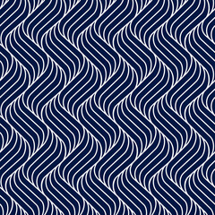 Seamless pattern geometric line. Blue background wavy stripe. Modern waves texture. Repeated swirl. Intricate pipple curly twist. Repeating monochrome lines. Abstract patterns. Design prints. Vector