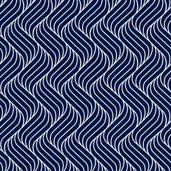 Seamless pattern geometric line. Blue background wavy stripe. Modern waves texture. Repeated swirl. Intricate pipple curly twist. Repeating monochrome lines. Abstract patterns. Design prints. Vector