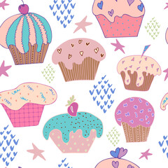 vector seamless pattern cute cupcakes with stars