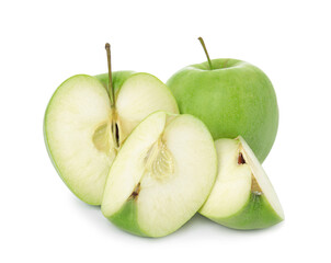 Fresh ripe cut and whole apples on white background