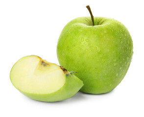 Fresh green cut and whole apples with water drops isolated on white