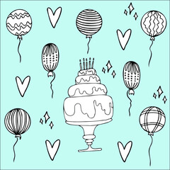 vector set birthday with cake and balloons with tinsel