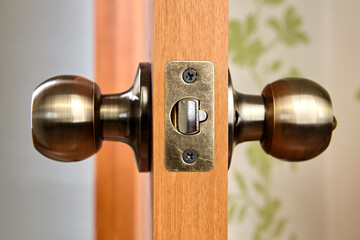 Brass door knob with latch and lock.