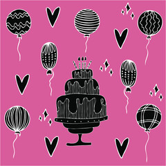 vector set birthday with cake and balloons with tinsel