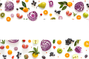 Banner from various vegetables and fruits isolated on white background, top view, creative flat layout. Concept of healthy eating, food background. Frame of vegetables with space for text.