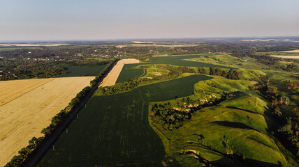 Nice view from the drone to the hills and wheat fields.