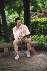 Fototapeta premium Online dream job for freelancer work on laptop with beautiful view. Digital nomad or traveling business man working via internet connection.