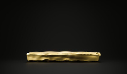 Golden stone plate product background stand or podium pedestal on advertising room display with blank backdrops. 3D rendering.