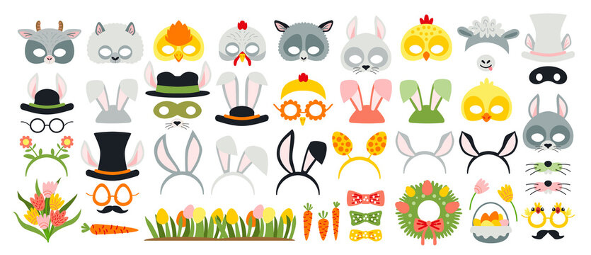 Cute Easter photo booth props as set of party graphic elements of easter bunny costume as mask, ears, eggs, carrot etc. Vector illustration. Vector illustration