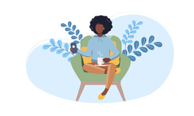 Young afro American woman relaxing at home on chair. Flat Vector Illustration. Female Character, Chatting Online Using Smartphone, Drinking Hot Tea.