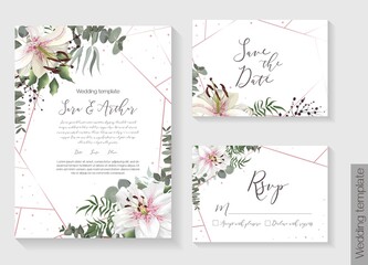 Vector botanical template for postcard. Mint and green foliage, royal white lilies, berries, eucalyptus, plants, geometric frame. Vector invitation set: square card for invitation, save the date, rsvp