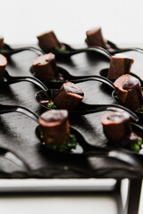 Chocolate desserts close-up. Portion desserts close-up.