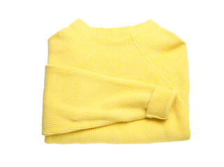Fototapeta na wymiar Yellow woolen sweater isolated on white, top view