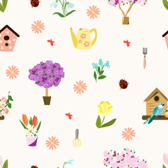 Seamless pattern with spring and garden theme
