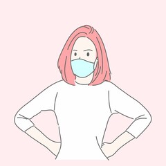 Woman wearing medical mask to protect COVID-19 or prevent disease, flu, air pollution, contaminated air, world pollution concept.