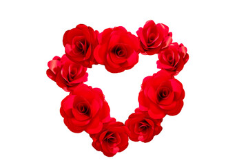 red roses made of paper with heart shaped isolated on white background.