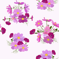 Seamless vector illustration with kosmeya flowers, flax in a white background.