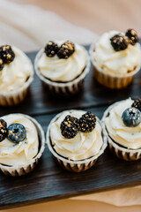 Festive blackberry and blueberry cupcakes. Copy space. Set of various delicious muffins on a tray.