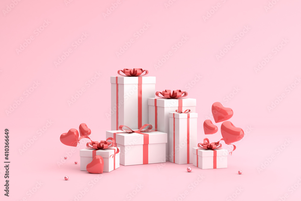 Poster mock up of gift boxes with balloons in heart shape. 3d rendering.