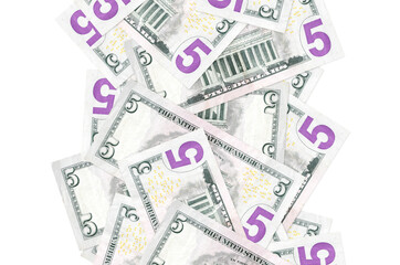 5 US dollars bills flying down isolated on white. Many banknotes falling with white copyspace on...