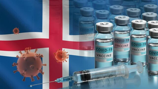 Iceland to launch COVID-19 vaccination campaign. Coronavirus vaccine vials, Covid 19 cells and flag of Iceland. Fighting the epidemic. Research and creation of a vaccine. Seamless loop video.