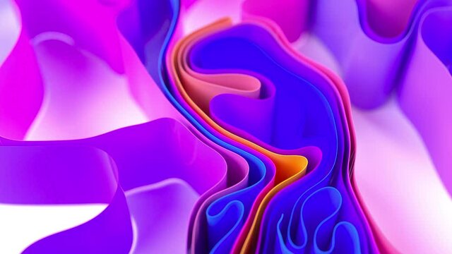 Abstract waves lines moving around. 3D animation of creative blue and violet geometry objects on white surface. 