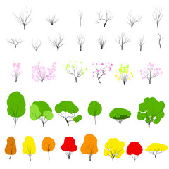 Tree set on doodles vector any season winter, spring, summenr, autumn. flat style