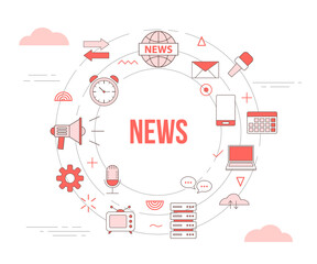 news media concept with icon set template banner with modern orange color style and circle round shape