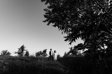 Young beautiful woman and man hug, kiss and walk in nature at sunset. Black-white photographs of a man and a woman in nature.