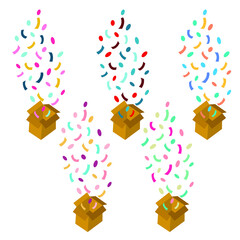 Set of gift box isolated on white background with confetti explosion. An open empty red box. Surprise box icon concept. Vector illustration