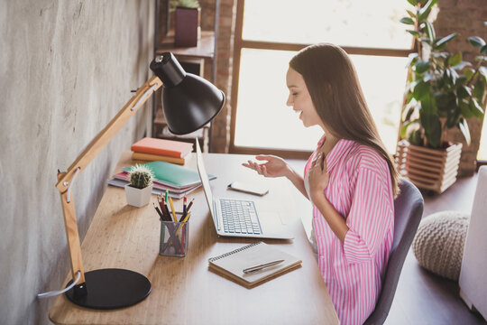 Profile Side Photo Of Cheerful Young Woman Talk Online Conference Laptop Laugh Talk Inside House Indoors Office Home