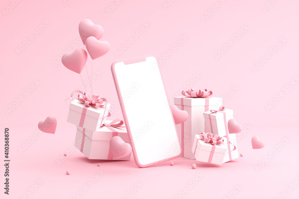 Poster Mock up of gift boxes with balloons in heart shape and blank screen of cell phone. 3d rendering.
