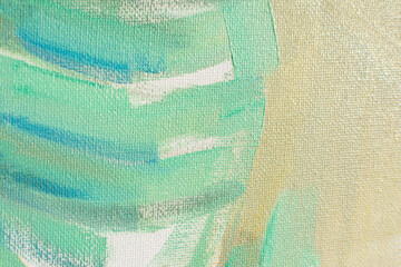 Abstract mint and beige background with oil paint. Summer art background. Natural light blue texture of the waves. Impressionism in painting. Marine etude. Macrophotography of paint strokes on canvas
