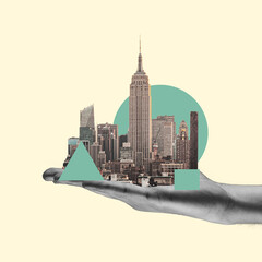 All the city on human palm. Unrecognizable man holding megapolis. Modern design, contemporary art collage. Inspiration, idea, trendy urban magazine style. Negative space to insert your text or ad.