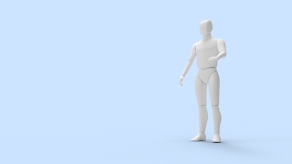 Human dummy robot AI model isolated in light blue studio background
