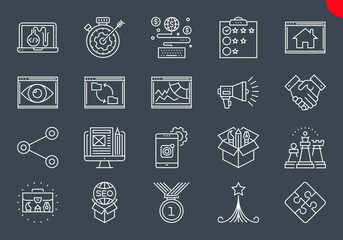 SEO Line Icons Set. SEO Related Vector Line Icons. Website and APP Design and Development. Simple Mono Line Pictogram Pack. Stroke Vector Logo Concept, Web Graphic. Vector icons. Editable Stroke.