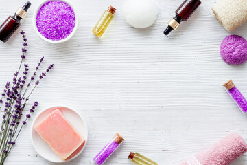 Frame of lavender cosmetics products with natural essential oil and herbs salt