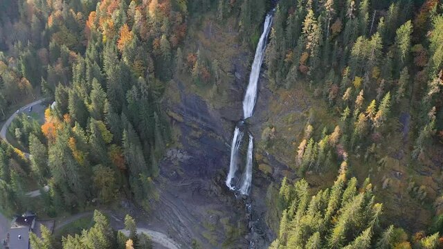 Beautiful autumn landscape of Cascade du Rouget in France -aerial