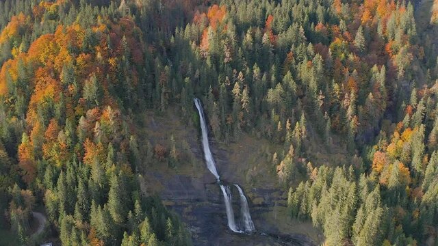 Aerial View Of Cascade du Rouget With Forest In Autumn Colors In Sixt-Fer-a-Cheval, France.