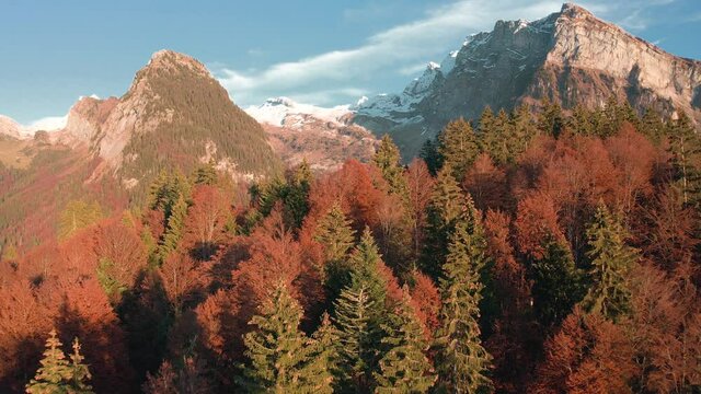Beautiful rocky mountains beyond the autumn forest of La Rosière, France -aerial