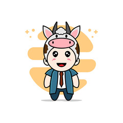 Cute businessman character wearing cow costume.