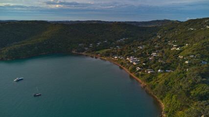 Aerial view of Rocky Bay, Waiheke Island in New Zealand.