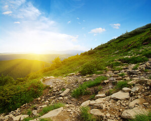 Mountain landscape on sun