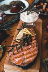 Salmon steak grilled with lemon