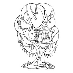 Coloring picture with cartoon fairytale house on tree.Vector illustration with funny house. Black and white outline picture.Hand drawing.Coloring house.