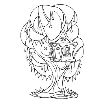 Coloring picture with cartoon fairytale house on tree.Vector illustration with funny house. Black and white outline picture.Hand drawing.Coloring house.