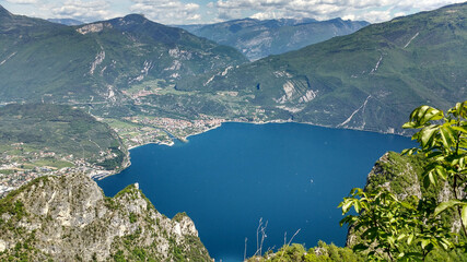 Panorama of the gorgeous Lake Garda surrounded by mountains in Riva del Garda, Italy. Lake Garda Italy